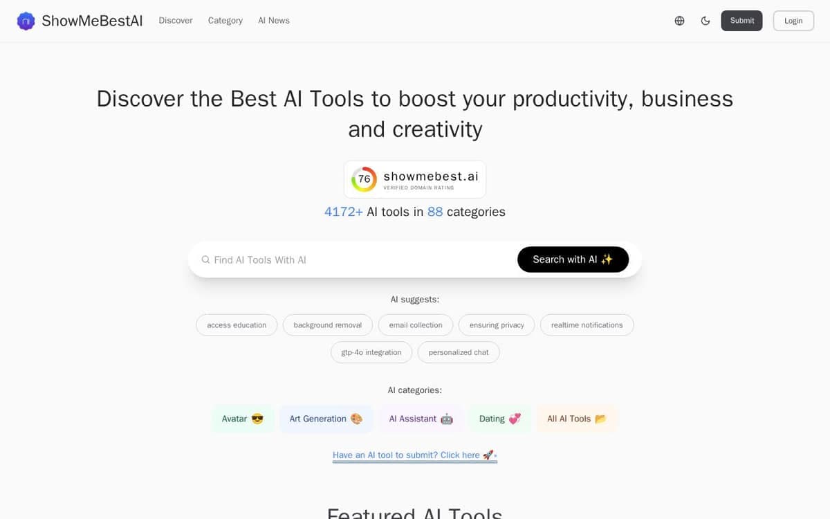 Homepage of ShowMeBestAI (showmebest.ai)