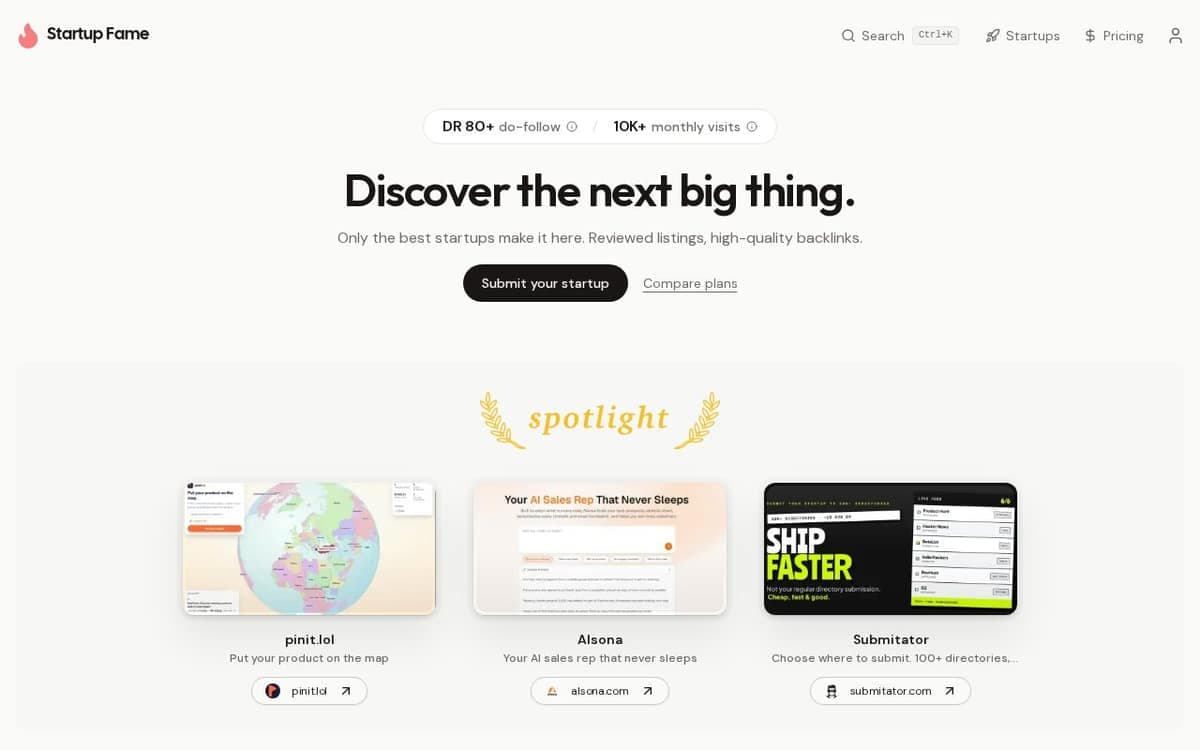 Homepage of Startup Fame (startupfa.me)