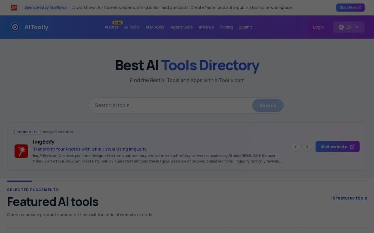 Homepage of AIToolly (aitoolly.com)