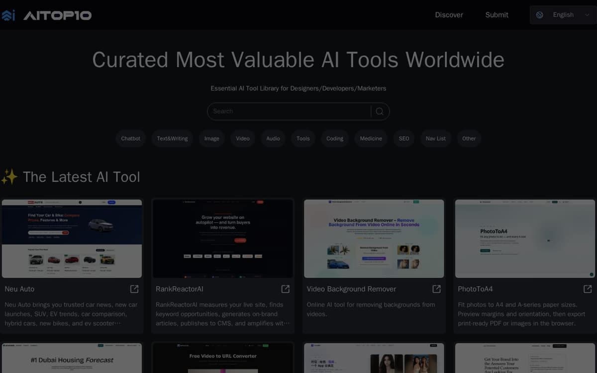 Homepage of Aitop10 (aitop10.tools)