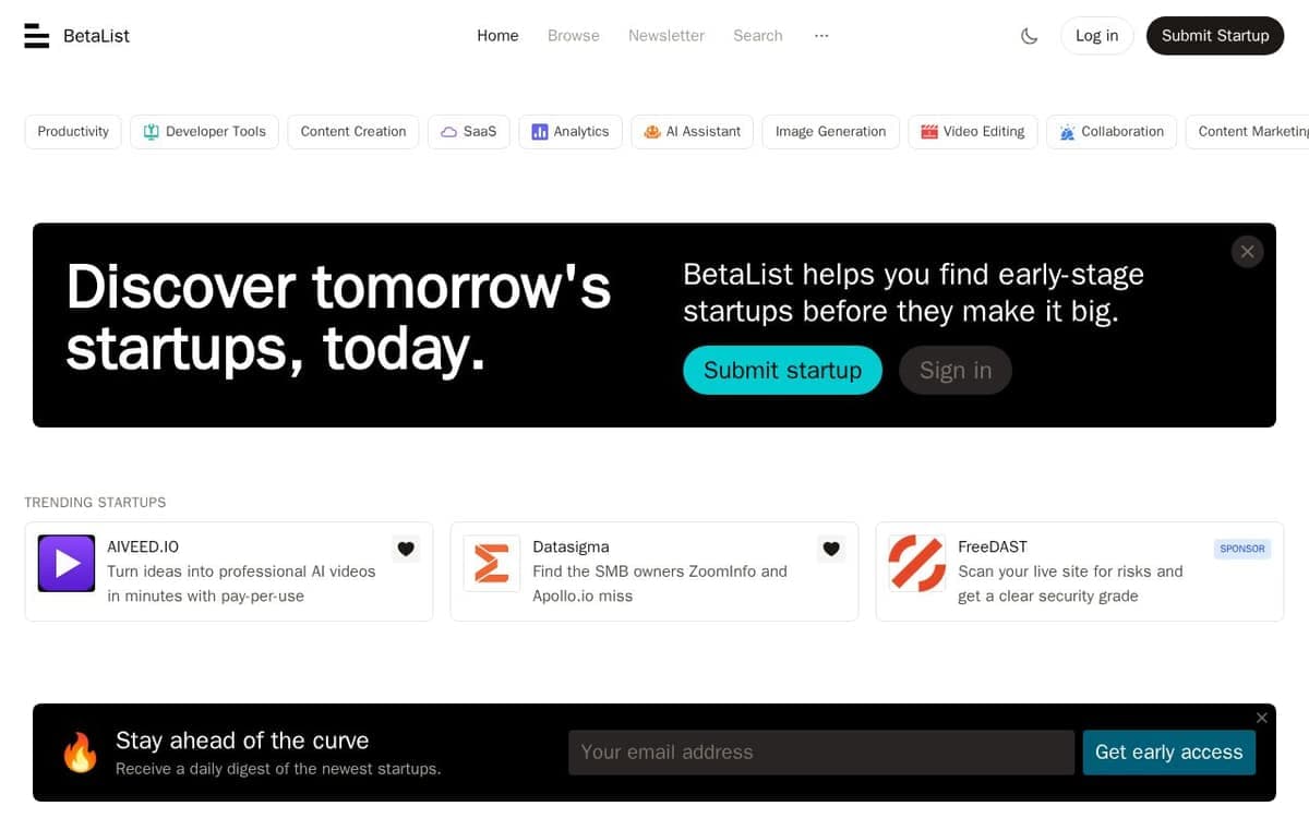 Homepage of BetaList (betalist.com)