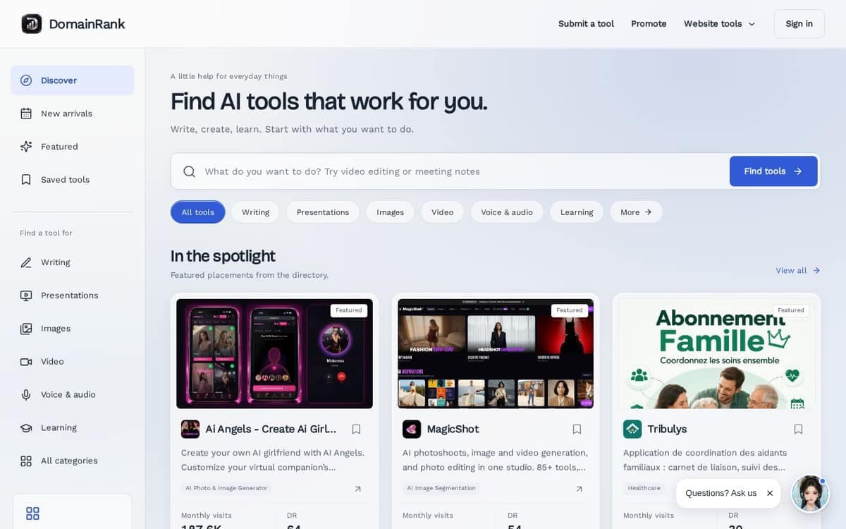 Homepage of Discover useful AI tools (domainrank.app)