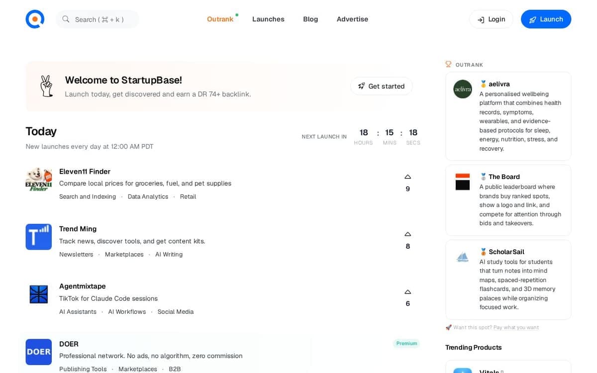 Homepage of StartupBase (startupbase.io)