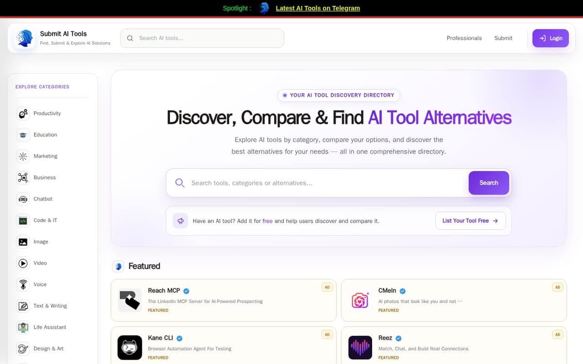 Homepage of Submit AI Tools (submitaitools.org)
