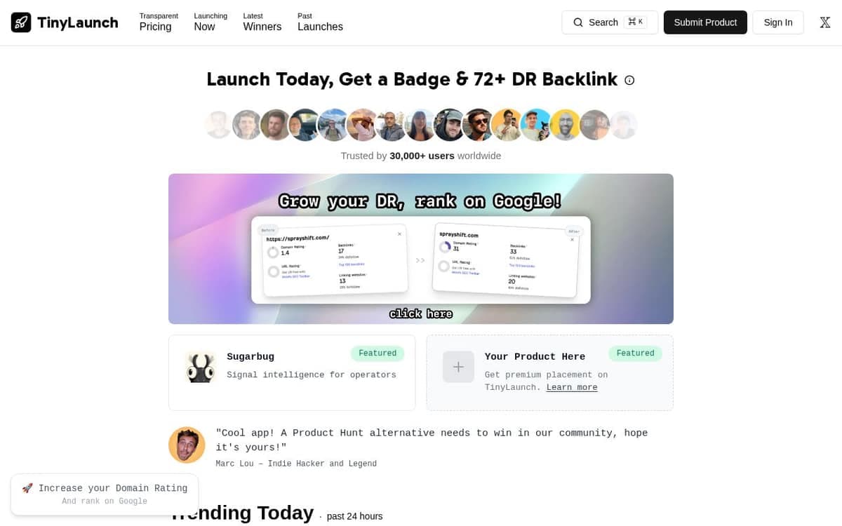 Homepage of TinyLaunch (tinylaunch.com)