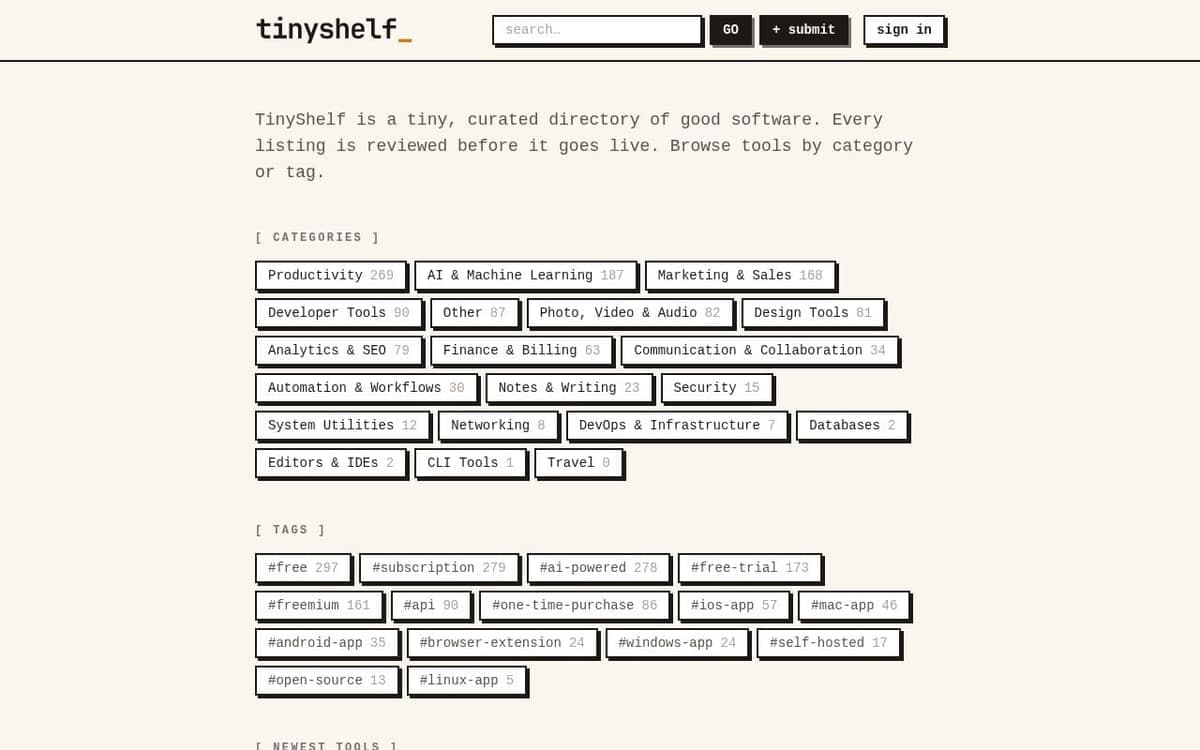 Homepage of TinyShelf (tinyshelf.co)