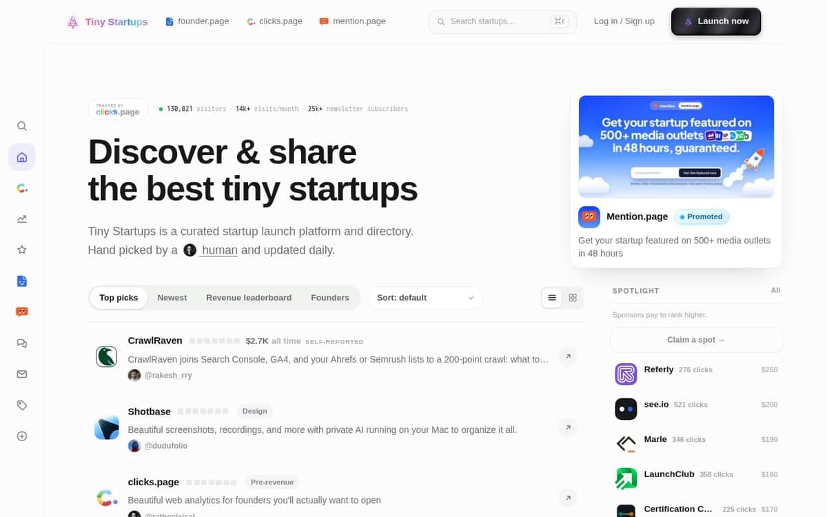 Homepage of Tiny Startups (tinystartups.com)