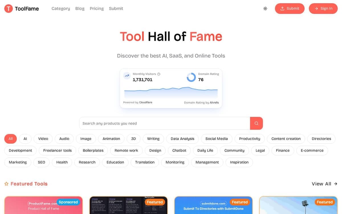 Homepage of ToolFame (toolfame.com)