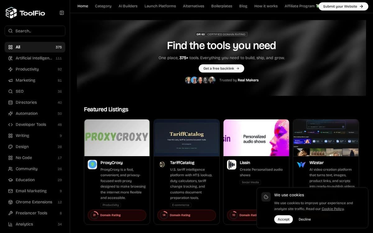 Homepage of Toolfio (toolfio.com)